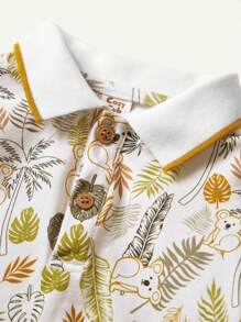 Cozy Pixies Baby Boy Plant And Animal Pattern Polo Collar Short-Sleeved Cardigan With Casual Shorts Two-Piece Set
