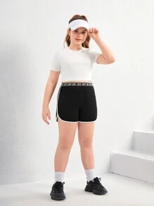 SHEIN Shorts deportivos de ocio con parches tejidos y patas anchas en tallas ampliadas para niña preadolescente de primavera y verano