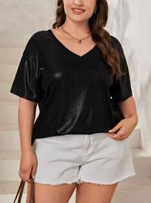 SHEIN Essnce Plus Size Glossy Coated Open Back V-Neck T-Shirt
