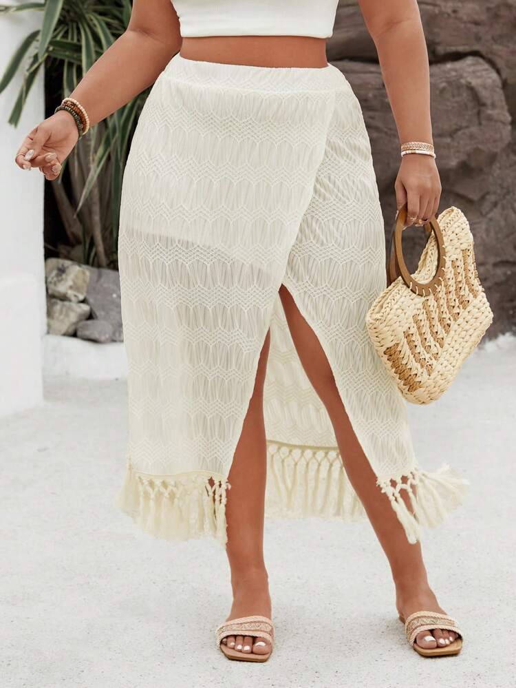 Plus Size Women Solid Color Fringe Hem Texture Midi Skirt With Slit