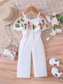 嬰兒女孩優雅刺繡露肩連身褲，舒適寬鬆設計，適合度假和休閒 - 白色 - 查看 1