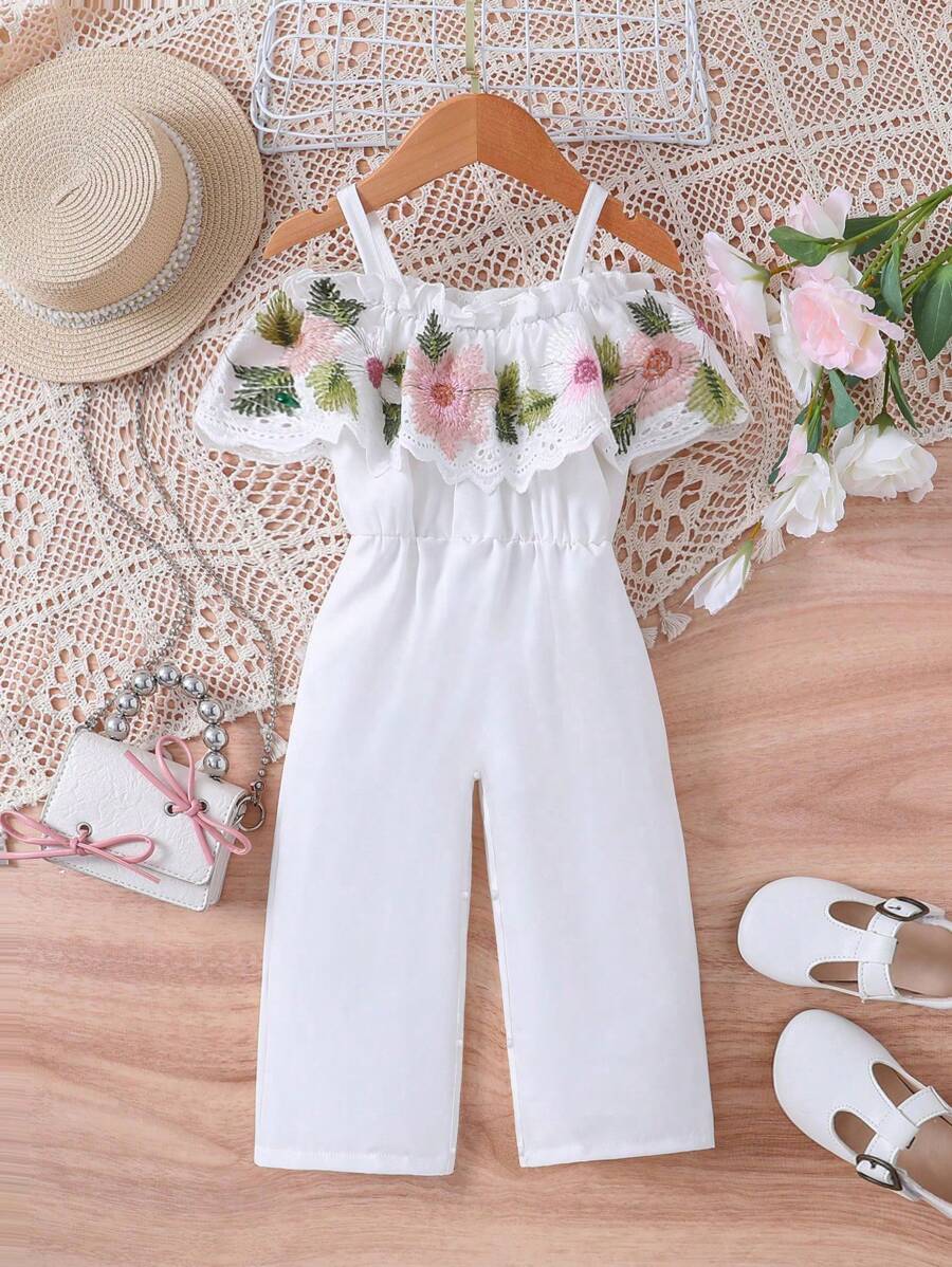 嬰兒女孩優雅刺繡露肩連身褲，舒適寬鬆設計，適合度假和休閒 - 白色 - 查看 1