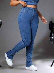 SHEIN ICON 大碼鈕扣修身牛仔褲，附口袋，休閒穿搭 - 淺色水洗藍 - 查看 4