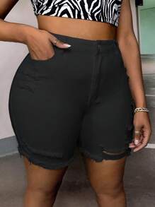 SHEIN SXY Women Plus Size Simple Solid Color Brushed Denim Shorts