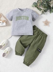 SHEIN Playful Pals Baby Boys' Letter Print Top And Solid Color Pants Set