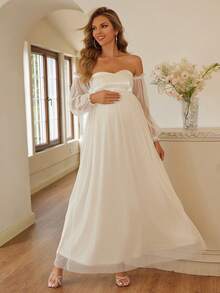 Joyfunear Maternity Fashion Solid Color Mesh Sleeve Off-Shoulder Elegant Dress, For Party - Apricot - View 4
