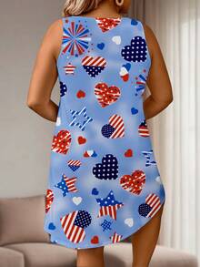 SHEIN LUNE 加大碼女士夏季心形與星形印花凹口V領休閒背心連衣裙 - 軍綠色 - 查看 2