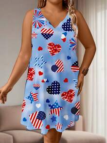 SHEIN LUNE 加大碼女士夏季心形與星形印花凹口V領休閒背心連衣裙 - 軍綠色 - 查看 3