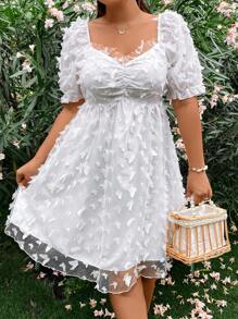 Sunnyshic Plus Size Mùa Hè Lãng Mạn Bướm Đính Lưới Người Yêu Cổ Áo Đầm Tay Ngắn - trắng - Xem 6