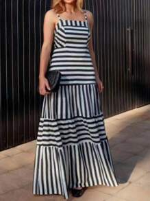 SHEIN Holidaya 法國女裝條紋細肩帶大碼連衣裙 - 黑與白 - 查看 1