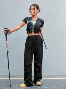 SHEIN Sports Pantalones deportivos rectos para mujer con cinturón y bolsillos en unicolor