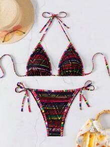 SHEIN Swim Summer Women Polka Dot Print Halter Neck Strap Sexy Bikini Set For Holiday Beach Vacation - Multicolor - View 4