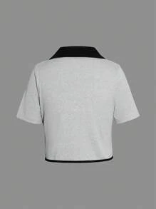 SHEIN Explorewe T-shirt court à encolure en V avec cordon de serrage et ourlet asymétrique pour adolescentes - Gris - Voir 2