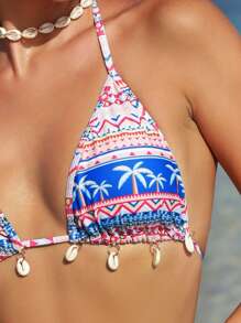 SHEIN Swim Women's Vacation Style Palm Tree Printed Halter Neck Bikini Set Summer - Multicolor - View 5