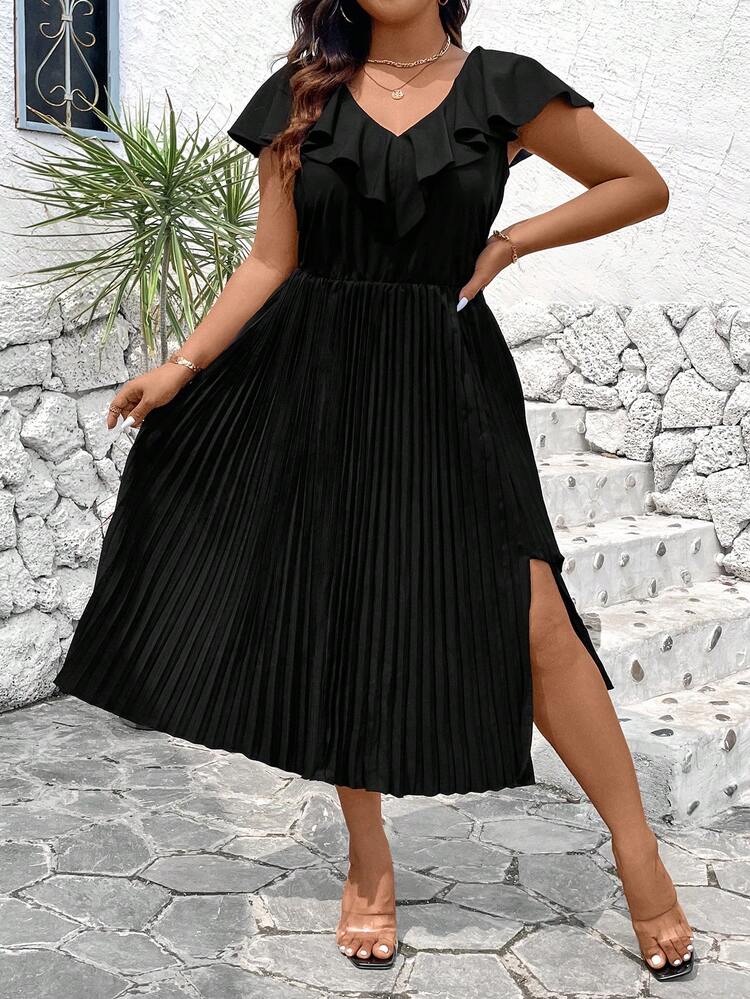 Plus Size Women Summer Solid Color Splicing Ruffled Hem Pleated Split Dress