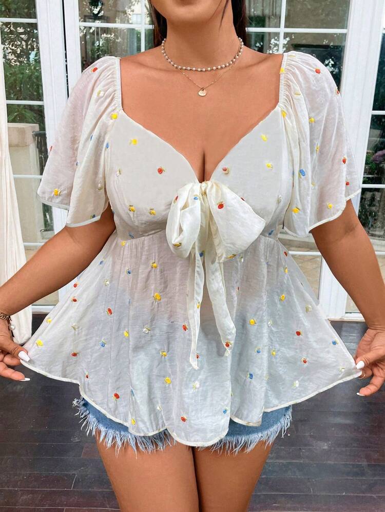 Embroidered Plus Size Sheer Tie Front Shirt