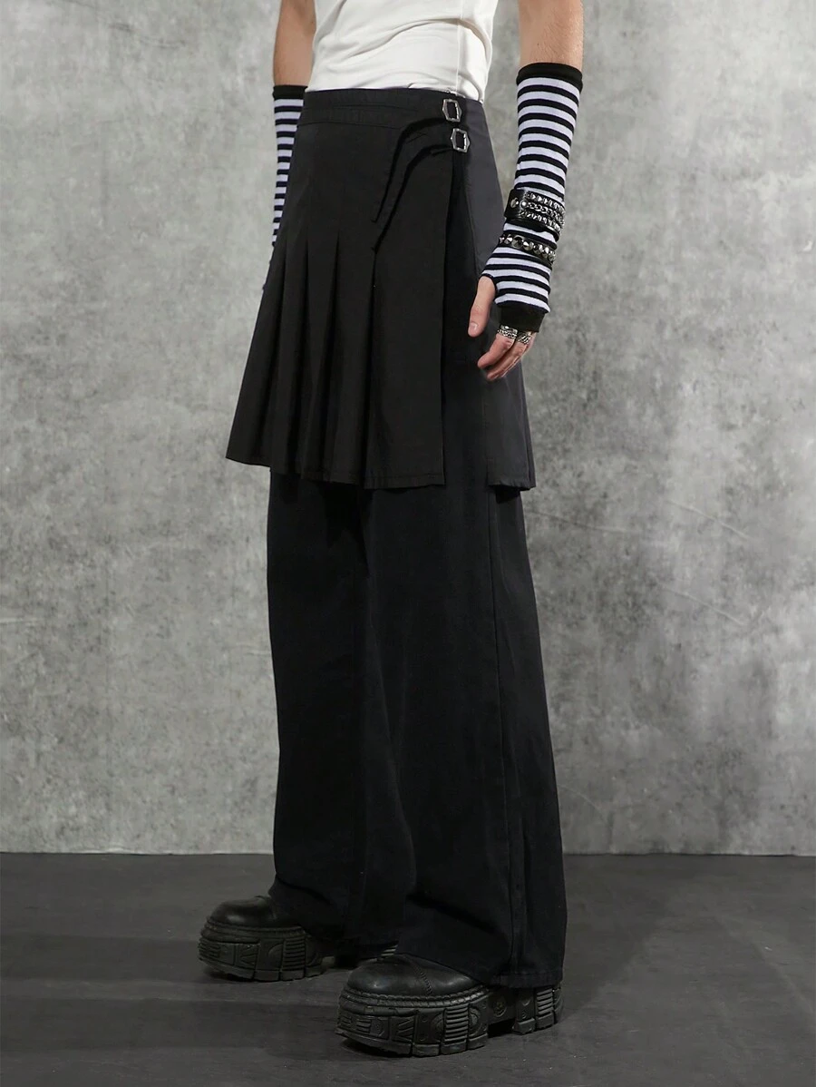 Manfinity Denimwave Skort ג'ינס שחור לגברים, עיצוב פאשן פורוורד 2 ב-1, שילוב ייחודי של נוחות וסטייל, אידיאלי לבגדי רחוב טרנדיים. - שחור - ראה 1