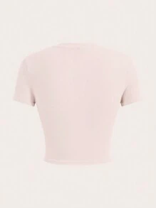 SHEIN EZwear 女士休閒簡約花卉紋短袖修身圓領短款T恤，夏季 - 淺粉色 - 查看 3