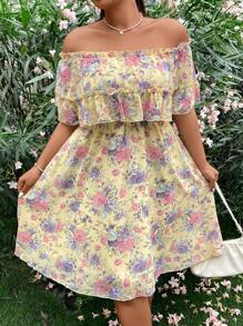 Sunnyshic Plus size off-shoulder bloemenprint romantische vakantiejurk