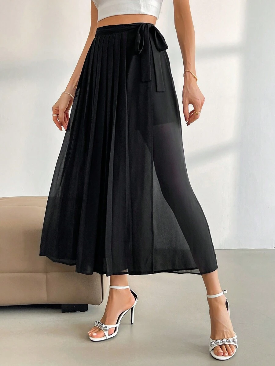 SHEIN Privé 女性優雅寬鬆半身垂墜寬褲,適合上班通勤 - 黑色 - 查看 1
