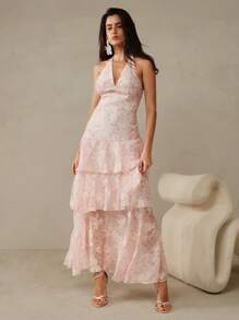 Anewsta Romantic Vacation Layered Ruffle Pink V-Neck Backless Bow-Tie 3D Floral Print Fabric Dress For Women