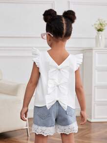 SHEIN Young Girls' White Top And Blue Denim Shorts 2-Piece Set - Blue and White - View 1