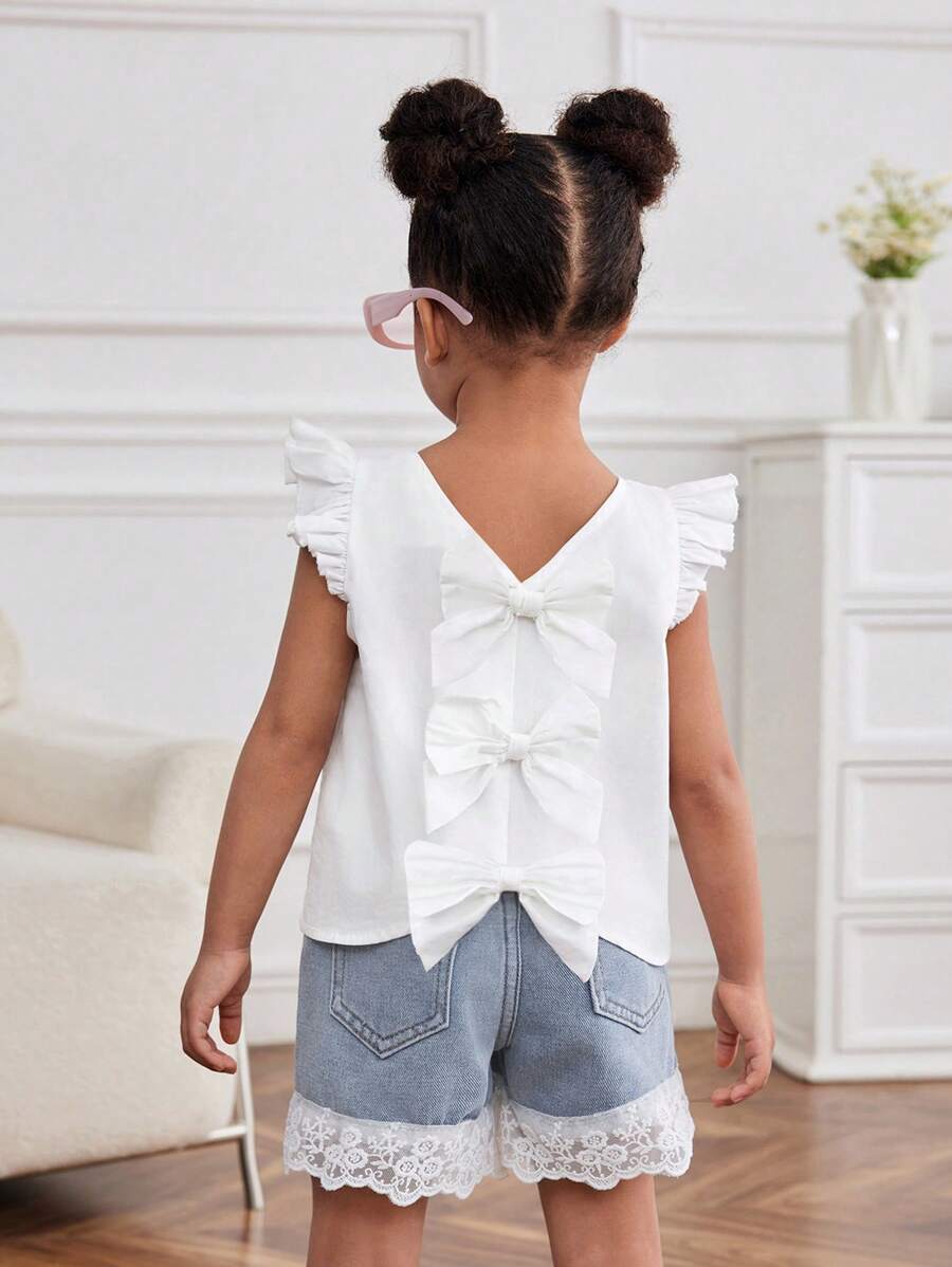 SHEIN Young Girls' White Top And Blue Denim Shorts 2-Piece Set - Blue and White - View 1