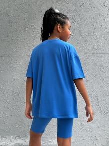 SHEIN Leap Crew Tween Girl Street Style Spring/Summer Knit Round Neck Short Sleeve And Shorts Set - Royal Blue - View 2