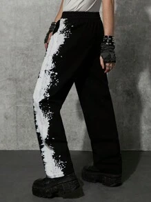 Manfinity Denimwave Men's Personalised Black Denim Pants, Wide Leg Cut, Unique Ink Splatter Print, Y2K Streatwear Fashion, Crafted For Street Style Aficionados Seeking Bold And Artistic Looks.