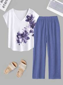 Mulvari Ensemble deux pièces T-shirt imprimé à manches courtes et col en V grande taille avec pantalon long pour le printemps/été - Violet - Voir 1