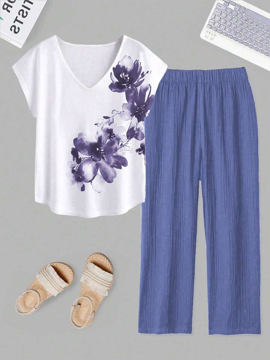 Mulvari Ensemble deux pièces T-shirt imprimé à manches courtes et col en V grande taille avec pantalon long pour le printemps/été - Violet - Voir 1