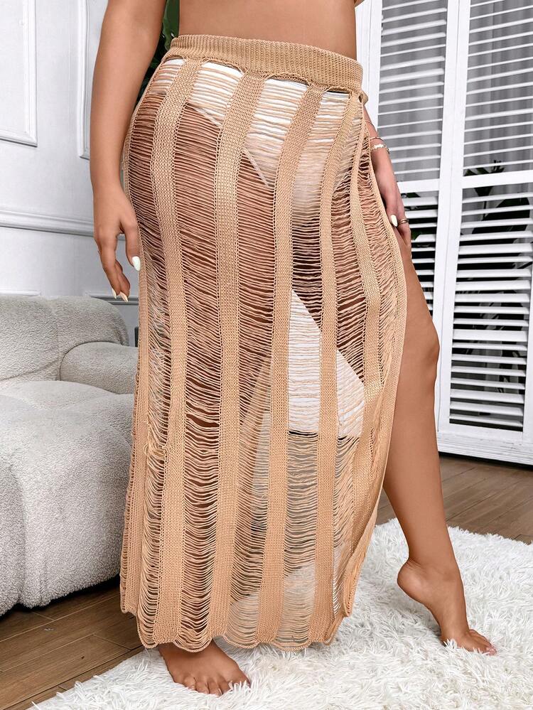 Plus Size Women Fashionable Solid Color Hollow Out Skirt With Shawl Summer