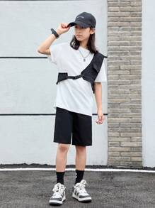SHEIN Tween Boy Two Tone Flap Pocket Tee & Shorts