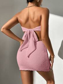 SHEIN PETITE 素色頭巾下擺短款抹胸上衣和包臀半身裙 - 粉色 - 查看 2