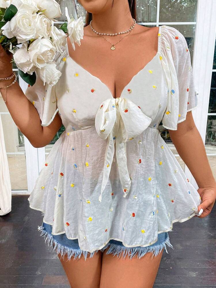 Embroidered Plus Size Sheer Tie Front Shirt