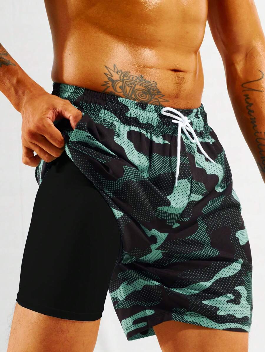 Zalmeno 男士迷彩印花束口腰帶休閒沙灘短褲，適合度假 - 彩色 - 查看 1