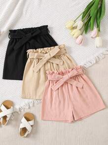 SHEIN Young Girl Solid Color Simple Bow Decoration Shorts
