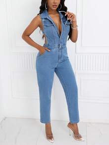 SHEIN SXY Summer Casual Solid Color Sleeveless Denim Jumpsuit With Lapel, Front Button Closure And Pockets - Blue - View 3