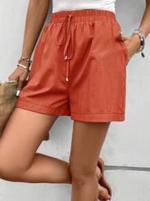SHEIN LUNE Women Non-Elastic Woven Casual Shorts With Tie Waistband And Pockets