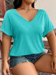 SHEIN LUNE 大码度假个性化休闲纯色蝙蝠袖T恤 - 青碧色 - 查看 4