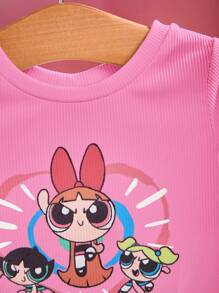 THE POWERPUFF GIRLS X SHEIN Baby Girl Cartoon Print Contrast Lettuce Trim Rib-Knit Crop Top, Summer