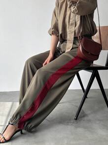 FRIFUL Mujeres Pantalones holgado de bloques de color lateral a la moda para uso casual