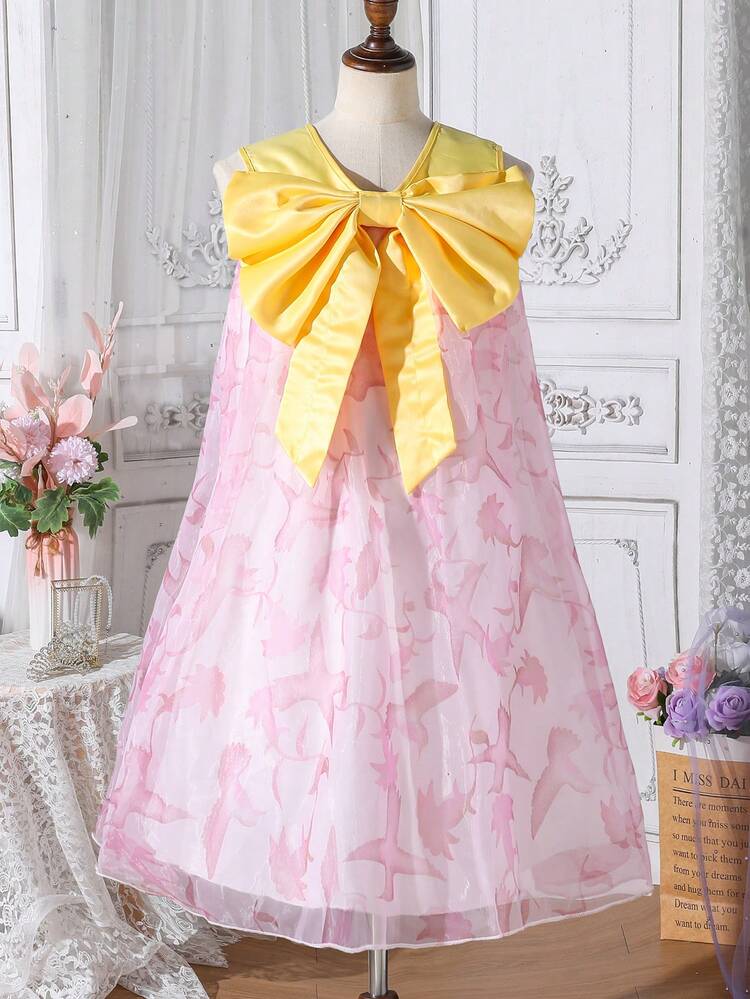 Tween Girls' Casual Elegant Lovely Bow Decorated Spliced Contrast Color Organza Dress With Vest
