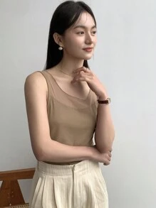 FRIFUL 夏季撞色网眼圆领修身无袖背心 - 卡其色 - 查看 9