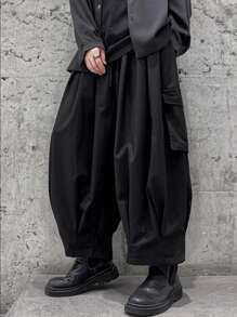 Manfinity Roghcode Men Black Oversized Cargo Pants With Multiple Pockets Street Style Oversize Plain Going Out, For Fall - Black - View 1