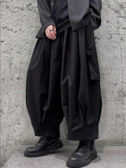 Manfinity EMRG メンズ ブラック オーバーサイズ カーゴパンツ 多数のポケット ストリートスタイル プレーン 外出用 秋向け