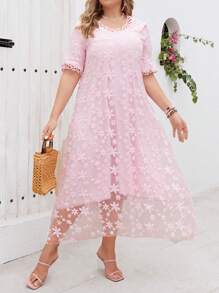 SHEIN Holidaya Plus Size Vacation Casual Solid Color Flower Embroidery Short Sleeve Dress - Baby Pink - View 6