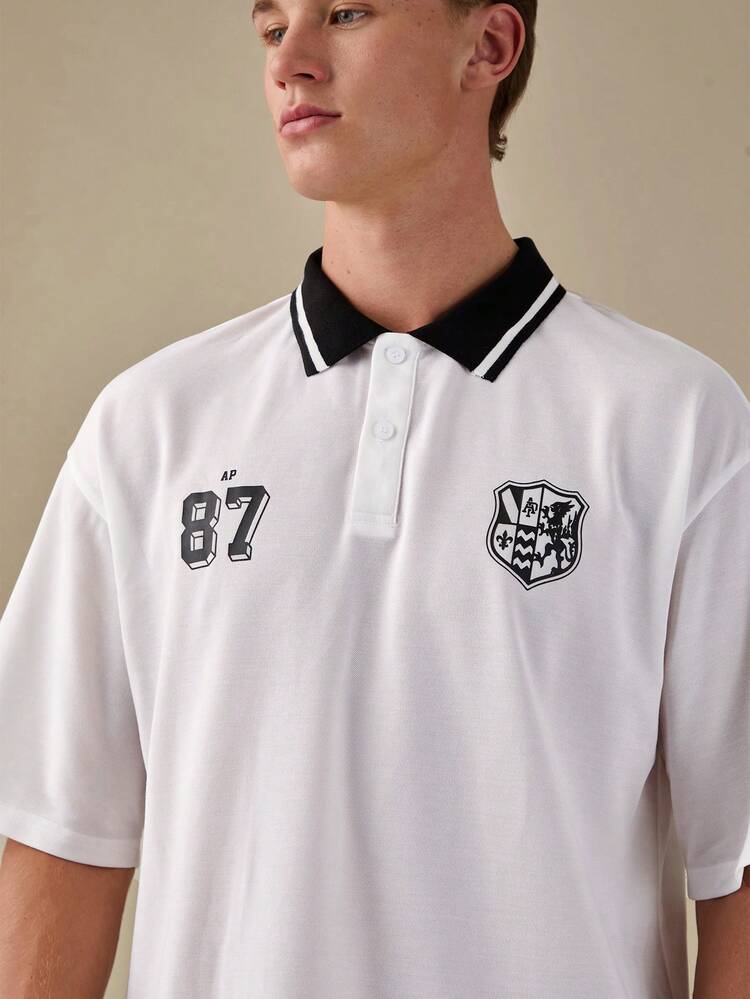 Men Summer Sporty Front Button Short Sleeve Polo Shirt And Pocketed Shorts Set, Letter Printed,Back To School