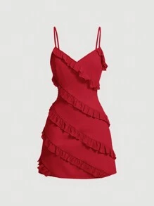 SHEIN MOD Apricot White Ruffled Hem Spaghetti Strap Women Dress