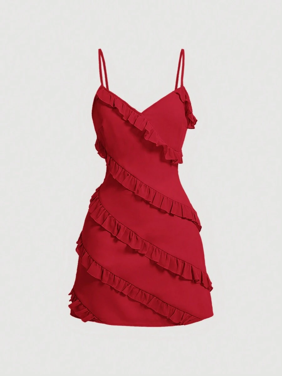 SHEIN MOD Apricot White Ruffled Hem Spaghetti Strap Women Dress